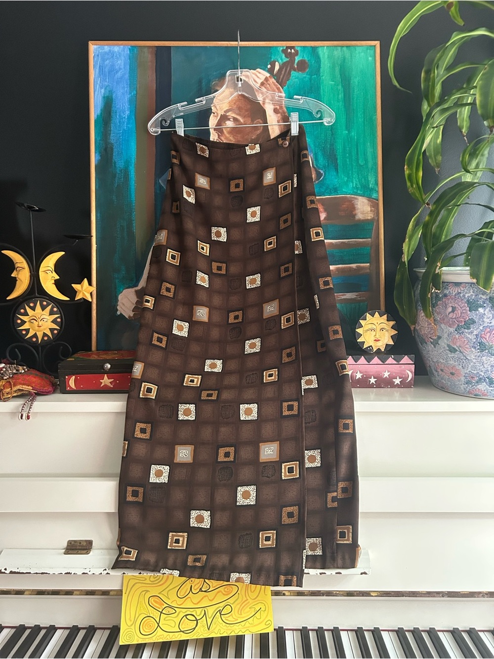 Vintage 90s Y2K Brown Geometric Wrap Around Maxi Skirt Retro Boho
